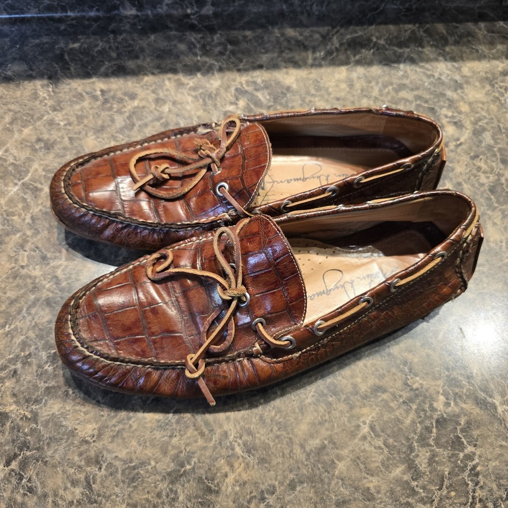 Martin Dingman 8 M Brown Alligator Embossed Leather Moc Toe Penny Loafers